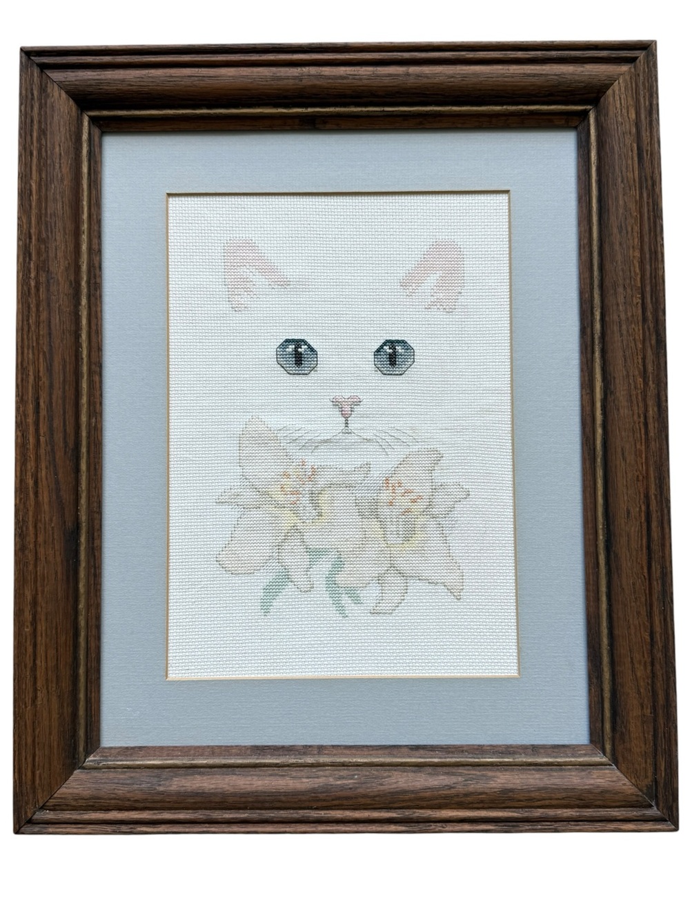 Vintage White Cat Cross Stitch Framed Wall Art Grandmillennial Cottagecore Decor